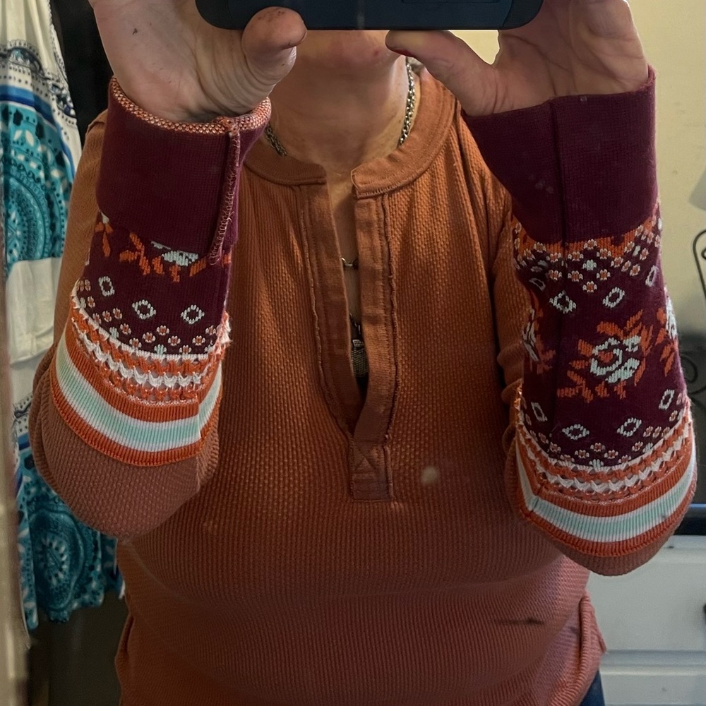 PRICE DROP Free People Rust Henley Top with Patterned Sleeves - Picture 2 of 9